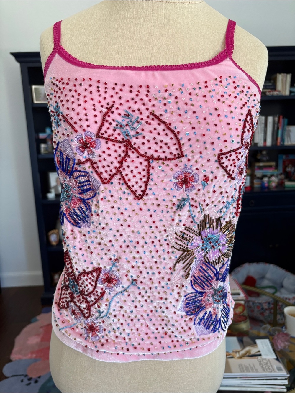 Express Vintage Velvet Pink Lace Beaded Tank Top size M